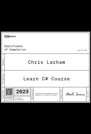 Chris Larham's Learn C# certificate, awarded by Codecademy