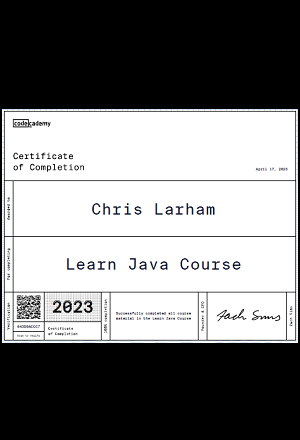 Chris Larham's Learn Java certificate, awarded by Codecademy