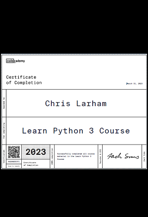 Chris Larham's Learn Python 3 certificate, awarded by Codecademy
