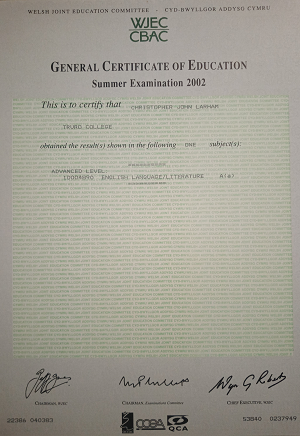 Chris Larham's English (A) A Level certificate