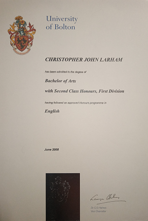 Chris Larham's English (2:1) BA (Hons.) degree certificate