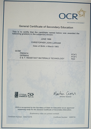Chris Larham's French (A*), German (A*), and Design Technology (A) GCSE certificate