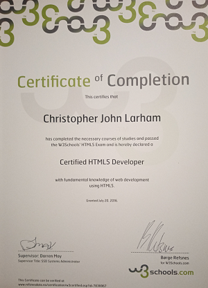 Chris Larham's HTML certificate, awarded by w3schools
