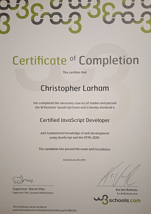 Chris Larham's JavaScript certificate, awarded by w3schools