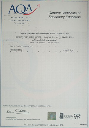 Chris Larham's Mathematics (A) GCSE certificate