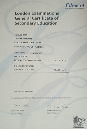 Chris Larham's Physical Education (A) and Religious Education (A) GCSE certificate