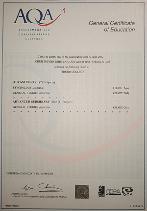 Chris Larham's Psychology (A) A Level certificate