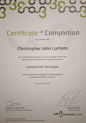 Chris Larham's XML certificate, awarded by w3schools