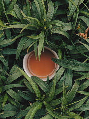 An aerial shot of a mug of oriental tea surrounded by leaves